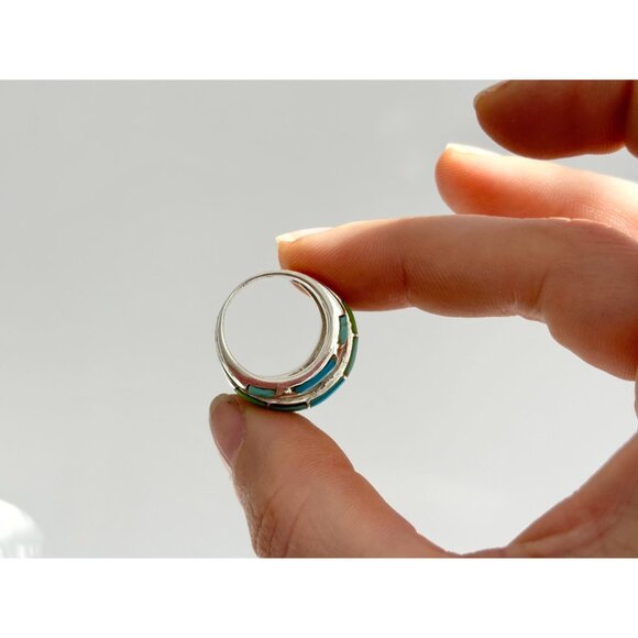 Navajo Style Turquoise & Coral Inlay Shank Vintage Unisex Ring - sz 5 - Picture 10 of 10